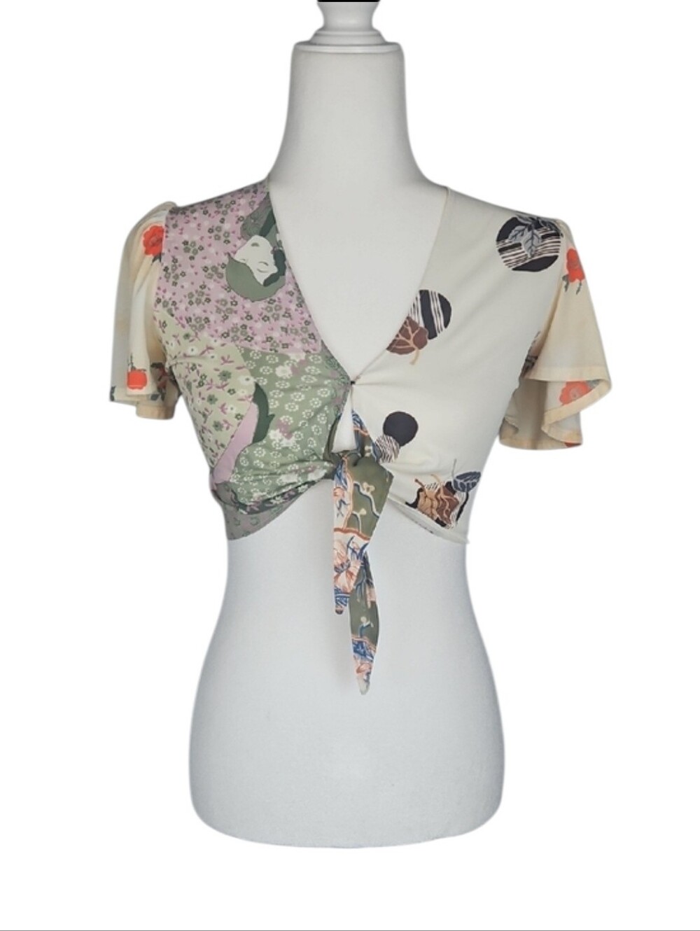 Kawaii Kimono Crop Top Japanese Whimsy Jade Green Pink Cream Bell Sleeves *XS - Picture 2 of 10